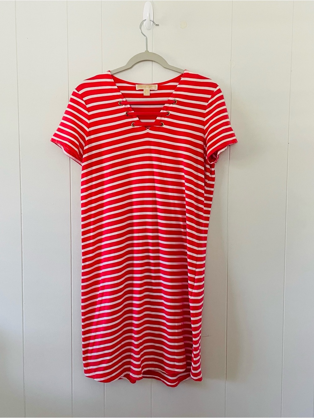 Michael Kors Red White Striped Lace-Up Neck Short Sleeve Stretch Dress Size S